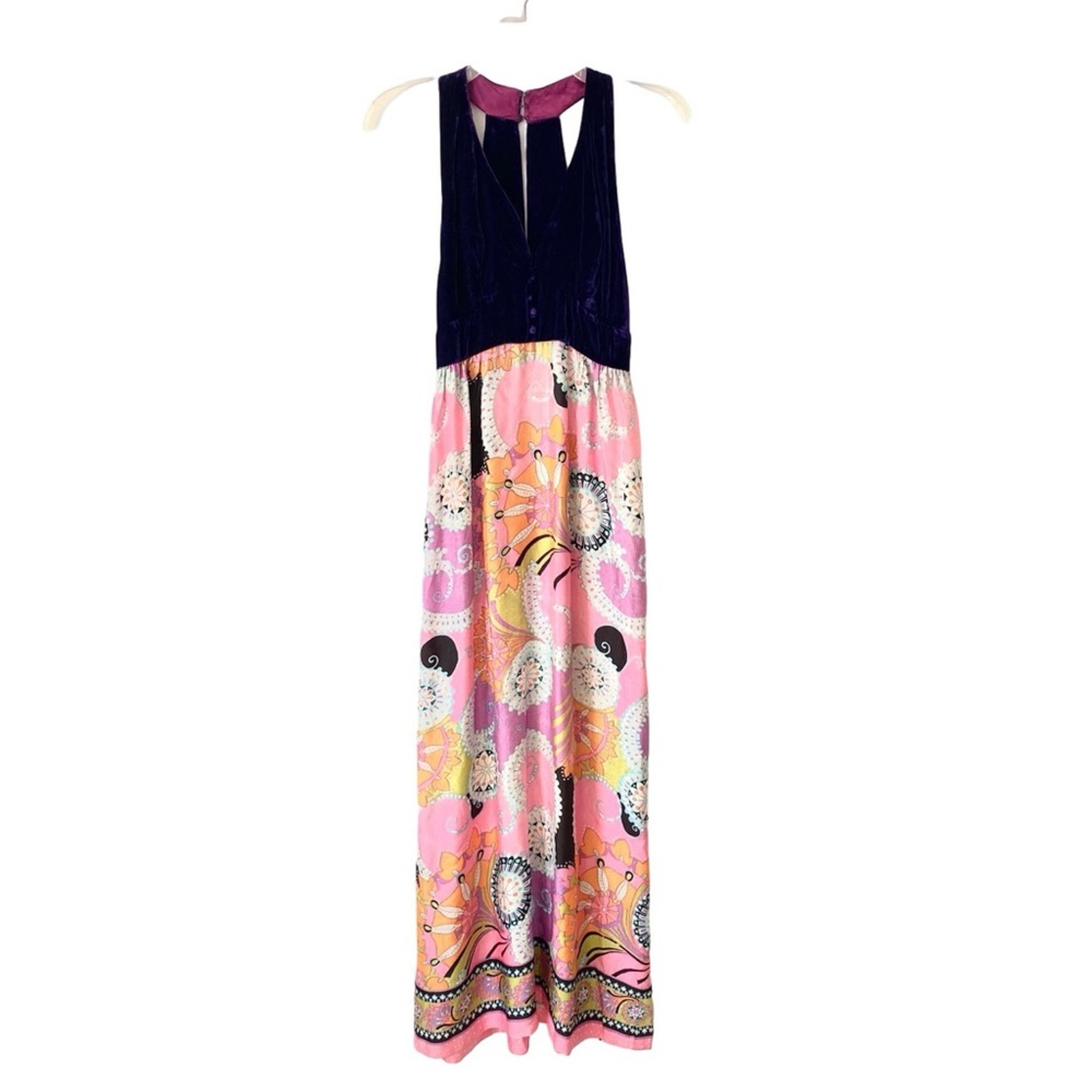 Vintage Handmade 60s 70s Colorful Sleeveless Halter Maxi Dress Purple Pink